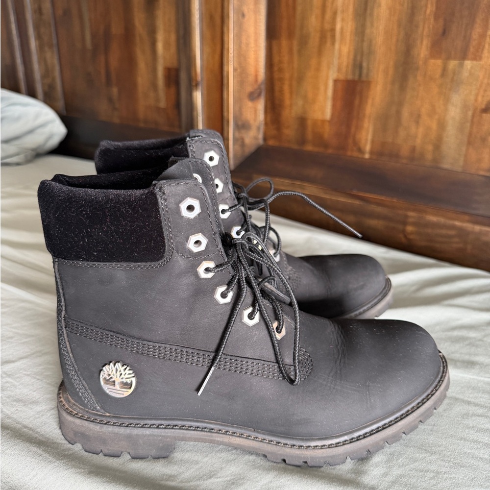 Timberland Black Combat Boots with Velvet Ankle Cuff